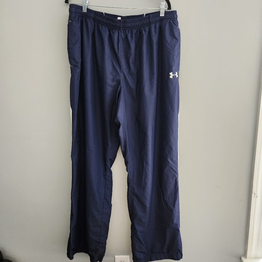 Men's Blue Under Amour Loose Athletic Pants with White Side Stripe and Zipper